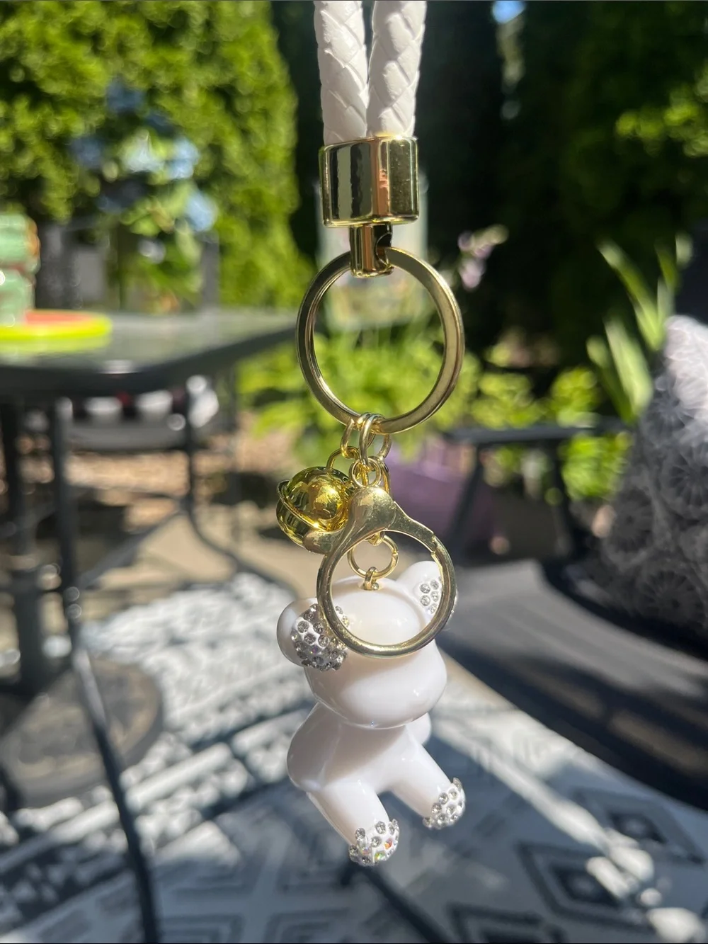 White Bear with Crystal Embellishments Keychain/Bagcharm w/White Leather Strap - Picture 1 of 1